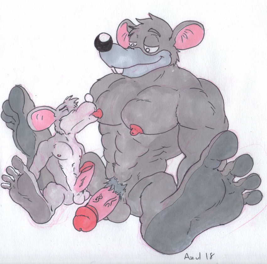 2019 abs anthro azul_(artist) balls biceps biped breastfeeding erection feet fur humanoid_penis hyper hyper_penis male male_only mammal mouse muscular muscular_male nipples nude penis rodent sex simple_background toes white_background