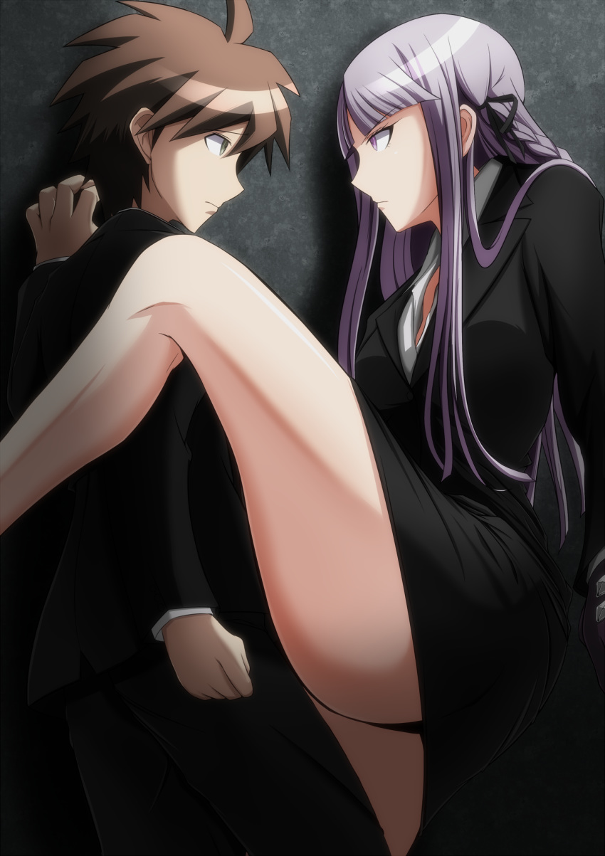 ahoge brown_eyes brown_hair clothed danganronpa hands_on_wall kirigiri_kyouko long_hair looking_at_partner makiri_akira naegi_makoto purple_eyes purple_hair short_hair straight_hair