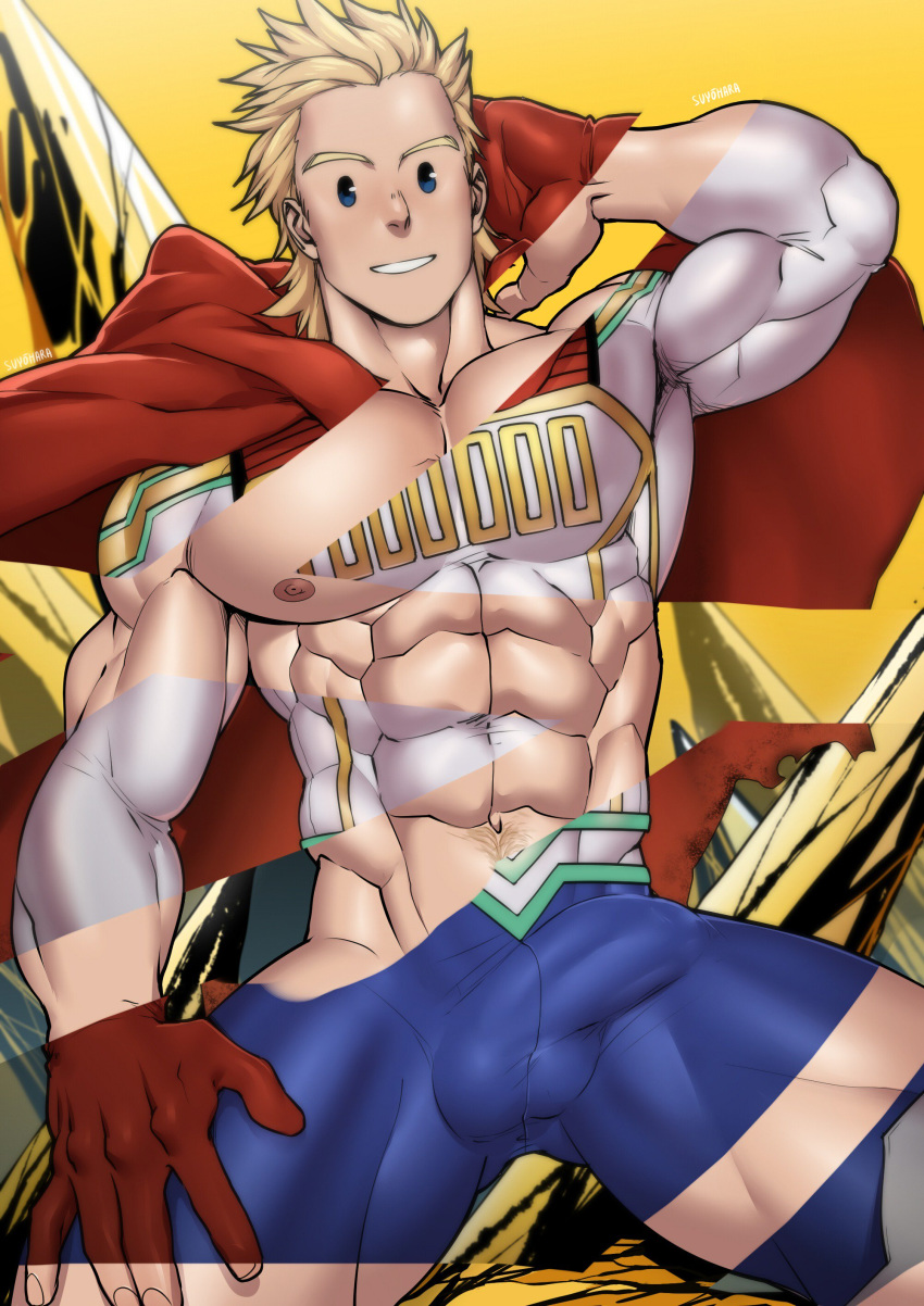 1boy abs bara blonde_hair erection_under_clothes male male_only mirio_togata muscles muscular muscular_male my_hero_academia nude pecs penis_under_clothes spandex suyohara x-ray