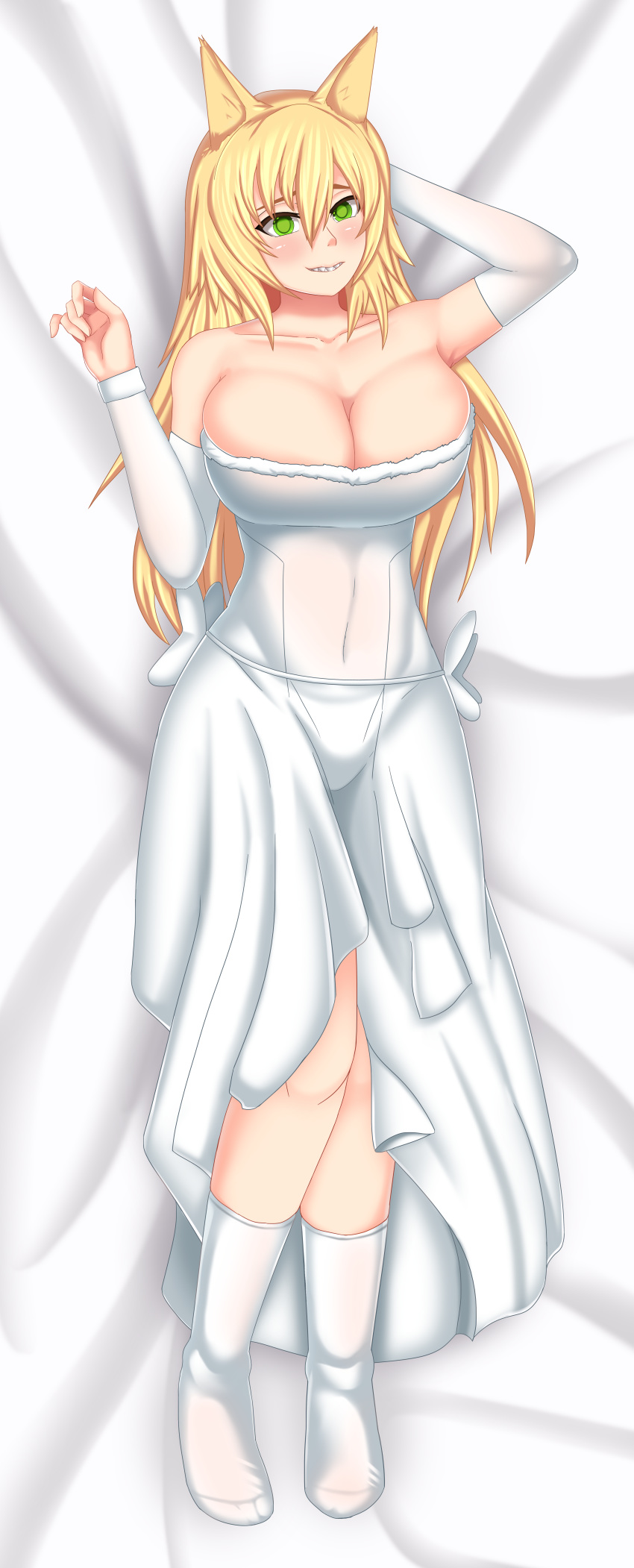 absurd_res absurdres animal_ears bed bed_sheet blonde_hair blush breasts cleavage clothed commission dakimakura dress fae-sama fangs female fox_ears green_eyes large_breasts long_hair looking_at_viewer lying lying_on_back metallia nippon_ichi_software on_bed sharp_teeth shy smile socks solo tagme the_witch_and_the_hundred_knight