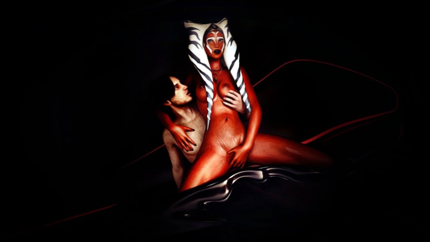 1boy 1girls 3d ahsoka_tano big_breasts black_body blue_eyes breast_grab breasts elerav fingering interspecies looking_at_viewer male nipples open_mouth reverse_cowgirl_position simple_background spread_legs star_wars star_wars_rebels togruta