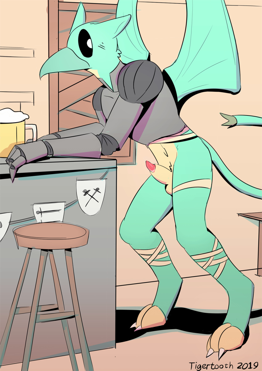 2019 alcohol animal_genitalia animal_penis anthro armor aroused avian balls bandage bar beak beer beverage blush bottomless canine_penis clothed clothing digitigrade drawing fantasy flaccid fur gryphon ink inside leaning looking_at_viewer male male_only nude paws penis pub sheath simple_background solo standing tigertooth wet wings
