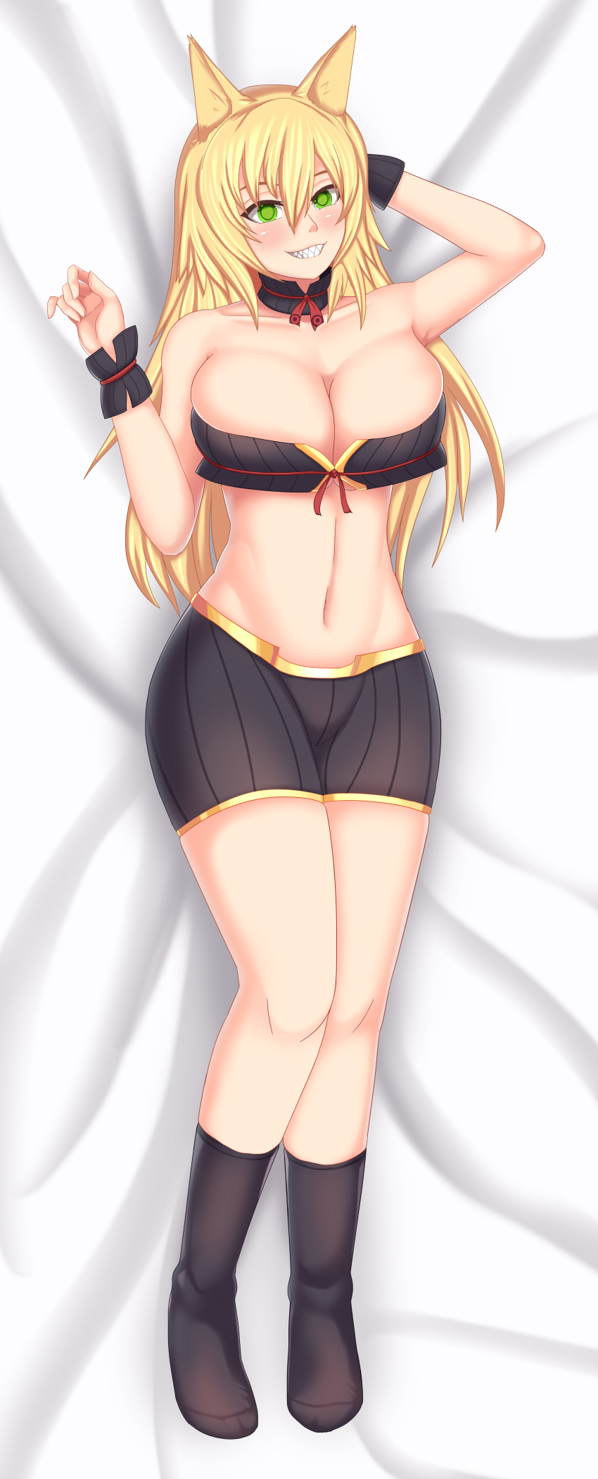 absurd_res absurdres animal_ears bed bed_sheet blonde_hair blush breasts cleavage clothed commission dakimakura fae-sama fangs female fox_ears green_eyes large_breasts long_hair looking_at_viewer lying lying_on_back metallia midriff nippon_ichi_softwarr on_bed sharp_teeth shorts smile socks solo tagme the_witch_and_the_hundred_knight