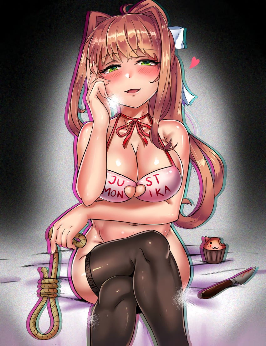 1girls bare_shoulders bed big_breasts black_thighhighs blood blush bottomless bow bra bra_strap breasts brown_hair cat_cupcake cleavage cleavage_cutout crossed_legs cupcake doki_doki_literature_club english english_text eyebrows_visible_through_hair female female_focus female_only green_eyes hair_bow hair_ornament hand_on_own_face happy high_resolution holding_object knife large_breasts lingerie long_hair looking_at_viewer monika_(doki_doki_literature_club) noose rope sitting sitting_on_bed smile solo solo_focus source_request thick_thighs thighhighs thighs tights white_hair_ornament ytrall