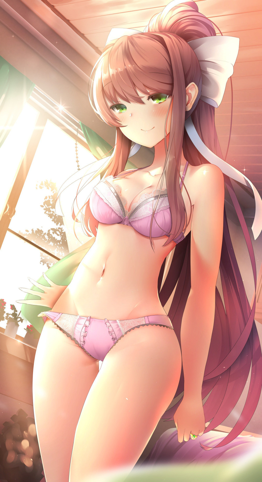 1girls bare_arms bare_midriff bare_shoulders bare_thighs bed bedroom belly blush blushing bra breasts brown_hair calm cameltoe cleavage doki_doki_literature_club female female_focus female_only green_eyes hair_ribbon happy human human_focus human_only in_love intimate light-skinned_female light_skin lingerie lingerie_only long_hair love loving_gaze loving_look married matching_underwear medium_breasts midriff monika_(doki_doki_literature_club) navel panties peaceful pink_bra pink_lingerie pink_panties pink_underwear ponytail relaxed relaxing ribbon ribbon_in_hair ring romantic romantic_ambiance serene smile smiling smiling_at_viewer solo solo_female stomach thighs underwear underwear_only wedding_band wedding_ring white_ribbon wholesome window