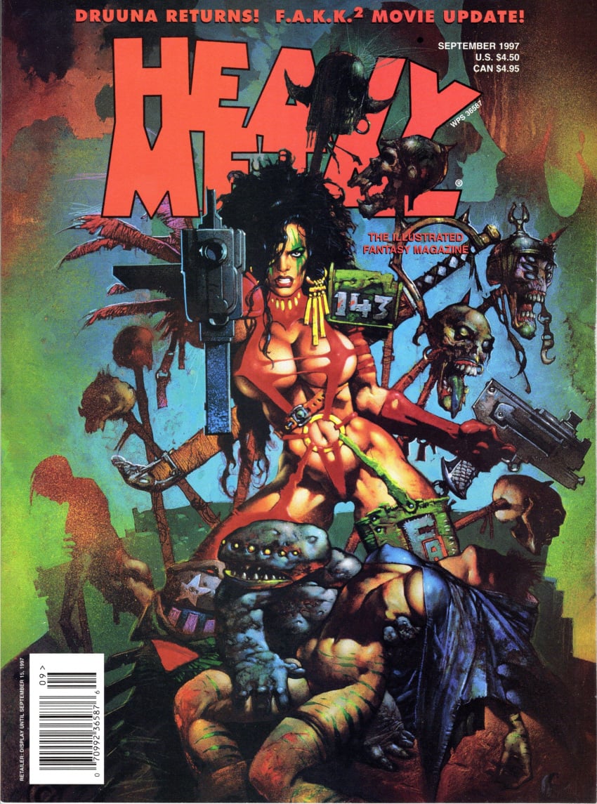 2girls absurdres comic_cover female gun heavy_metal highres julie julie_strain kerrie kerrie_strain muscle muscular_female simon_bisley skimpy weapon zeek