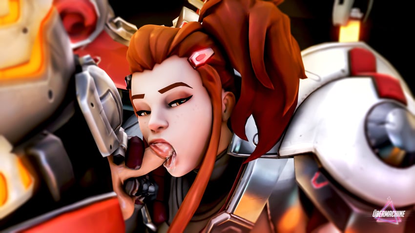 3d absurdres armor artist_name balls belt brigitte brown_hair cum cum_in_mouth cum_inside daughter duo faceless_male father father_and_daughter fellatio female freckles hair_ornament half-closed_eyes high_ponytail highres human incest looking_at_viewer male oral overwatch pauldrons penis penis_grab penis_lick ponytail sidelocks signature solo_focus straight tongue tongue_out torbjörn ubermachineworks yellow_eyes