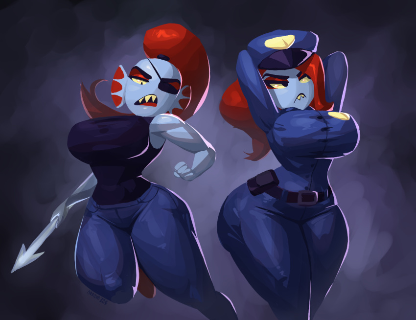 5_fingers abstract_background arms_behind_head big_ass big_breasts blue_skin busty dark_background deltarune eye_patch female female_only fish_girl gills hourglass_figure muscular noonun police police_hat police_officer police_uniform policewoman ponytail red_hair spear tank_top thick_thighs thin_waist tight_clothing undertale undyne undyne_(deltarune) weapon