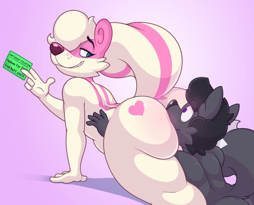 2019 acstlu anthro ass big_butt butt_sniffing canid canine duo fur grin heart hi_res looking_back male male_only mammal mephitid nargle nose_to_anus phurcy pink_background pink_fur simple_background skunk smile white_fur