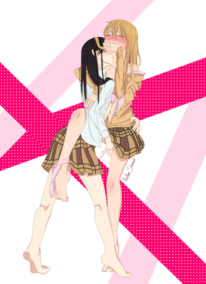 2girls aihara_mei aihara_yuzu blush bra citrus_(saburouta) closed_eyes clothing fingering multiple_girls panties pussy_juice school_uniform skirt step-incest stepsibling stepsister stepsisters yuri