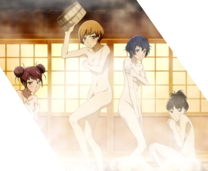 4girls accurate_art_style amagi_yukiko bathing black_eyes black_hair blue_eyes blue_hair blush breasts brown_eyes brown_hair completely_naked completely_nude covering covering_breasts embarrassed female human investigation_team kujikawa_rise multiple_girls naked nude onsen persona persona_4 satonaka_chie screencap shirogane_naoto standing washbowl wet wet_hair