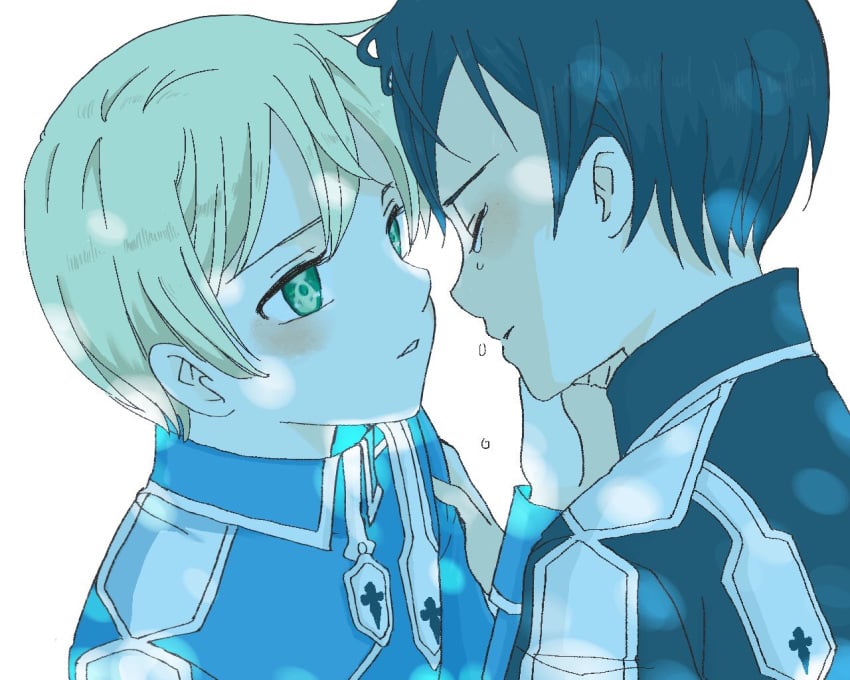 2boys artist_request black_hair blonde_hair eugeo imminent_kiss kirigaya_kazuto kissing short_hair sword_art_online yaoi