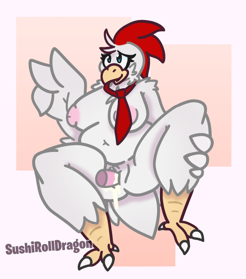 2019 anthro avian beak bird breasts character_request chicken claws cum cum_drip cum_inside disembodied_penis dripping duo feather_tuft feathers female female_focus front_view looking_pleasured male mostly_nude necktie nipples non-mammal_breasts original original_character penetration penis pussy sex simple_background solo_focus straight sushirolldragon tuft v_sign vaginal_penetration winged_arms wings