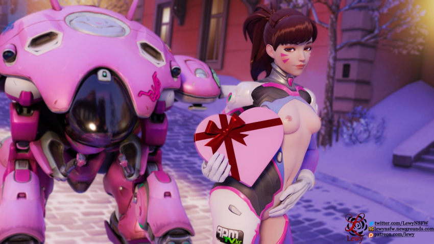 1girls 3d blender breasts brown_eyes brown_hair d.va female female_only lewy looking_at_viewer meka overwatch solo valentine's_day volskaya_industries_(map)