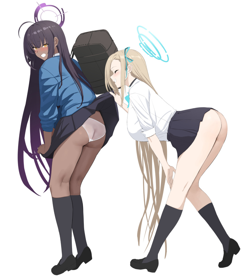 2girls ass asuna_(blue_archive) black_footwear black_hair black_legwear blonde_hair blue_archive blush breasts chela77 cleaning_&_clearing_(blue_archive) closed_eyes clothes_lift dark-skinned_female dark_skin dress_shirt eyebrows_visible_through_hair from_behind from_side full_body grin hair_ribbon halo highres karin_(blue_archive) kneepits lifted_by_another loafers long_hair long_sleeves looking_at_viewer millennium_science_school_student miniskirt multiple_girls no_panties panties pleated_skirt profile ribbon shiny shiny_hair shirt shoes simple_background skirt skirt_lift smile thighs underwear very_long_hair white_panties white_shirt yellow_eyes