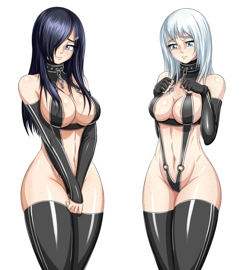 2girls black_hair black_legwear blue_eyes bondage_outfit bottomless breasts chains cleavage collar covering covering_crotch detached_sleeves elbow_gloves freckles gloves hair_over_one_eye long_hair looking_away multiple_girls navel original simple_background thighhighs v_arms white_background white_hair wide_hips zantyarz