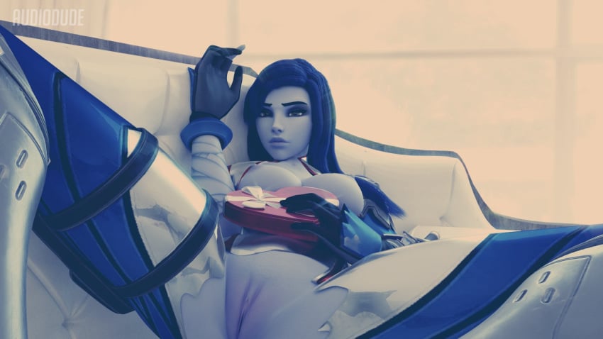 1girls 3d audiodude blender blue_hair breasts female female_only legs looking_at_viewer nipples overwatch pussy solo spread valentine's_day widowmaker