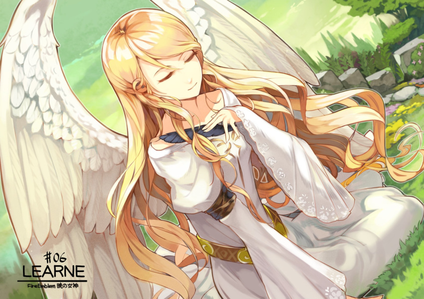 blonde_hair character_name closed_eyes copyright_name dress female fire_emblem fire_emblem:_path_of_radiance fire_emblem:_radiant_dawn hand_on_chest hand_on_own_chest high_resolution kurosawa_tetsu leanne_(fire_emblem) long_hair long_sleeves nintendo sitting smile solo very_long_hair white_dress white_wings wide_sleeves wings