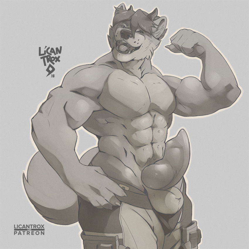 animal_genitalia animal_penis anthro balls canid canine canine_penis canis clothed clothing erection flexing knot licantrox male male_only mammal monochrome muscular muscular_male open_mouth penis smile solo standing topless wolf