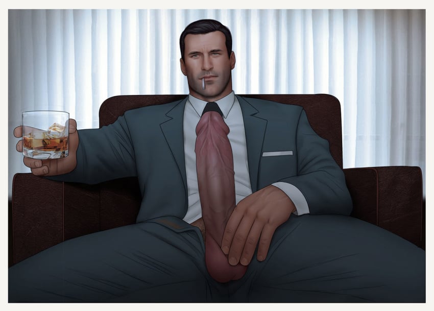 1boy 5_fingers alcohol armchair balls big_penis black_hair black_tie_(suit) blazer blinds blue_eyes border bottomwear business_suit businessman chair cigarette cigarette_in_mouth circumcised clothed clothing collared_shirt color cup daddy dark_hair digital_media_(artwork) dilf don_draper drawnpr0n drink drinking erection facial_hair five_o'clock_shadow frenulum front_view fully_clothed gay genitals glans glass grey_suit hand_on_own_penis hand_on_penis holding_glass holding_penis huge_cock human human_only humanoid_penis indoors inviting jacket jon_hamm large_penis light-skinned_male light_skin long_penis looking_at_viewer mad_men male male_only manly manspreading mostly_clothed office open_fly open_legs open_pants pants penis penis_focus penis_out presenting presenting_penis pubic_hair pubic_hair_peek realistic reclining relaxing room seductive shirt sitting sitting_on_chair slacks slight_smile smoking smoking_pipe solo spread_legs stubble suggestive suit suit_and_tie suit_jacket testicles thick_penis tie topwear uncensored unprofessional_behavior unzipped unzipped_pants vein veiny_penis whiskey whiskey_glass white_border white_shirt workplace