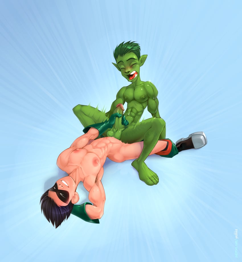 2boys anal beast_boy black_hair boner dc dc_comics dick_grayson duo erection gay green_eyes green_skin handjob male male_only nude penis robin_(dc) robin_(dick_grayson) teen_titans yaoi yoshka