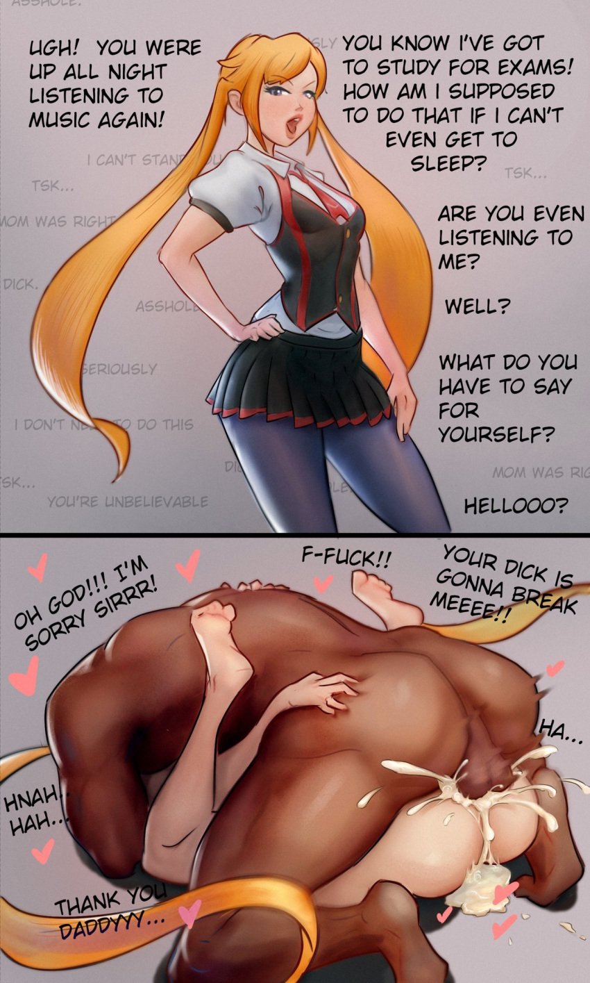 1boy ass_grab before_and_after blackingyourwaifu blonde_hair brat bratty_correction bratty_submissive correction cum cum_in_pussy cum_inside daddy_kink dark-skinned_male dark_skin english_text female femsub heart instant_loss_2koma interracial light-skinned_female light_skin male mating_press mind_break school_uniform sex skirt straight text uncensored uppity vaginal_penetration