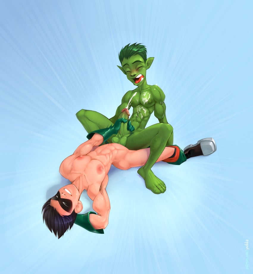 2boys anal beast_boy black_hair boner cum cum_on_self cum_while_penetrated dc dc_comics dick_grayson duo erection gay green_eyes green_skin male male_only nude penis robin_(dc) robin_(dick_grayson) teen_titans yaoi yoshka