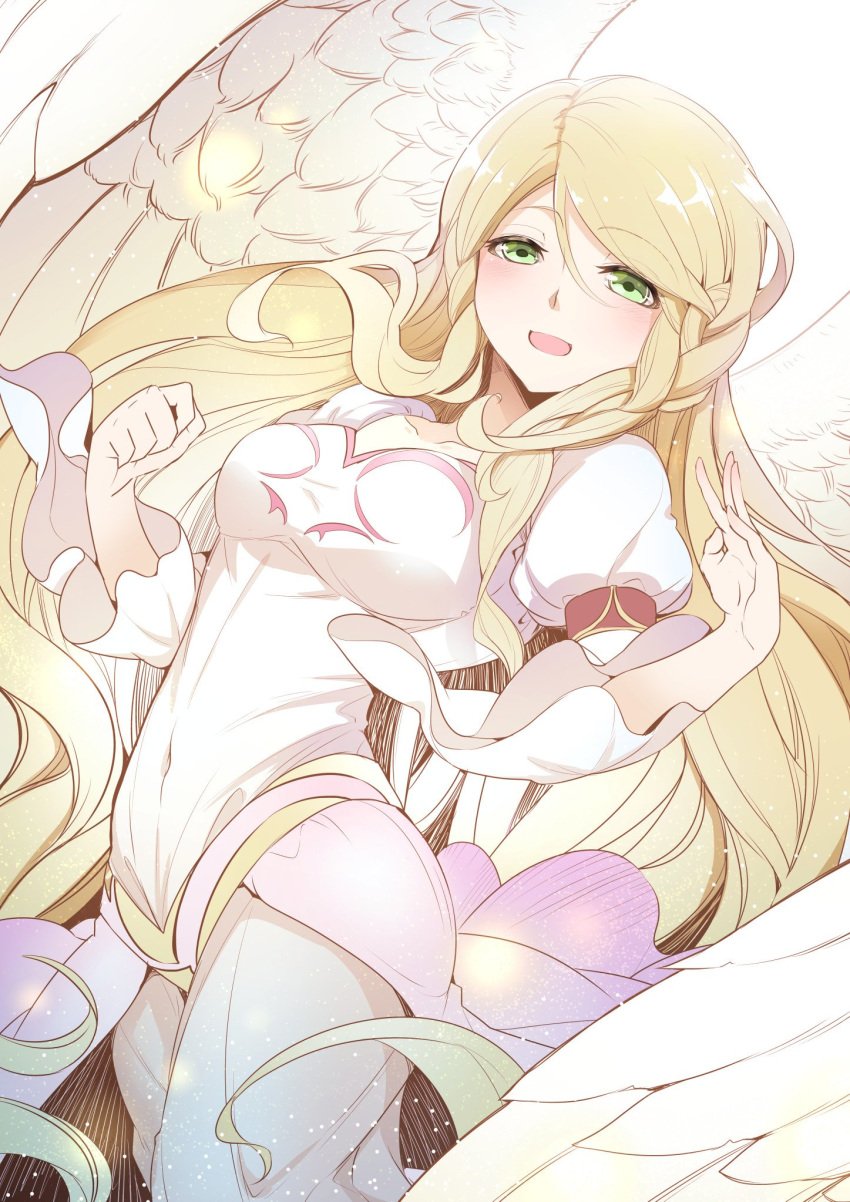 blonde_hair dress feathered_wings female fire_emblem fire_emblem:_path_of_radiance fire_emblem:_radiant_dawn green_eyes high_resolution leanne_(fire_emblem) long_hair long_sleeves nakabayashi_zun nintendo open_mouth solo white_dress white_wings wings