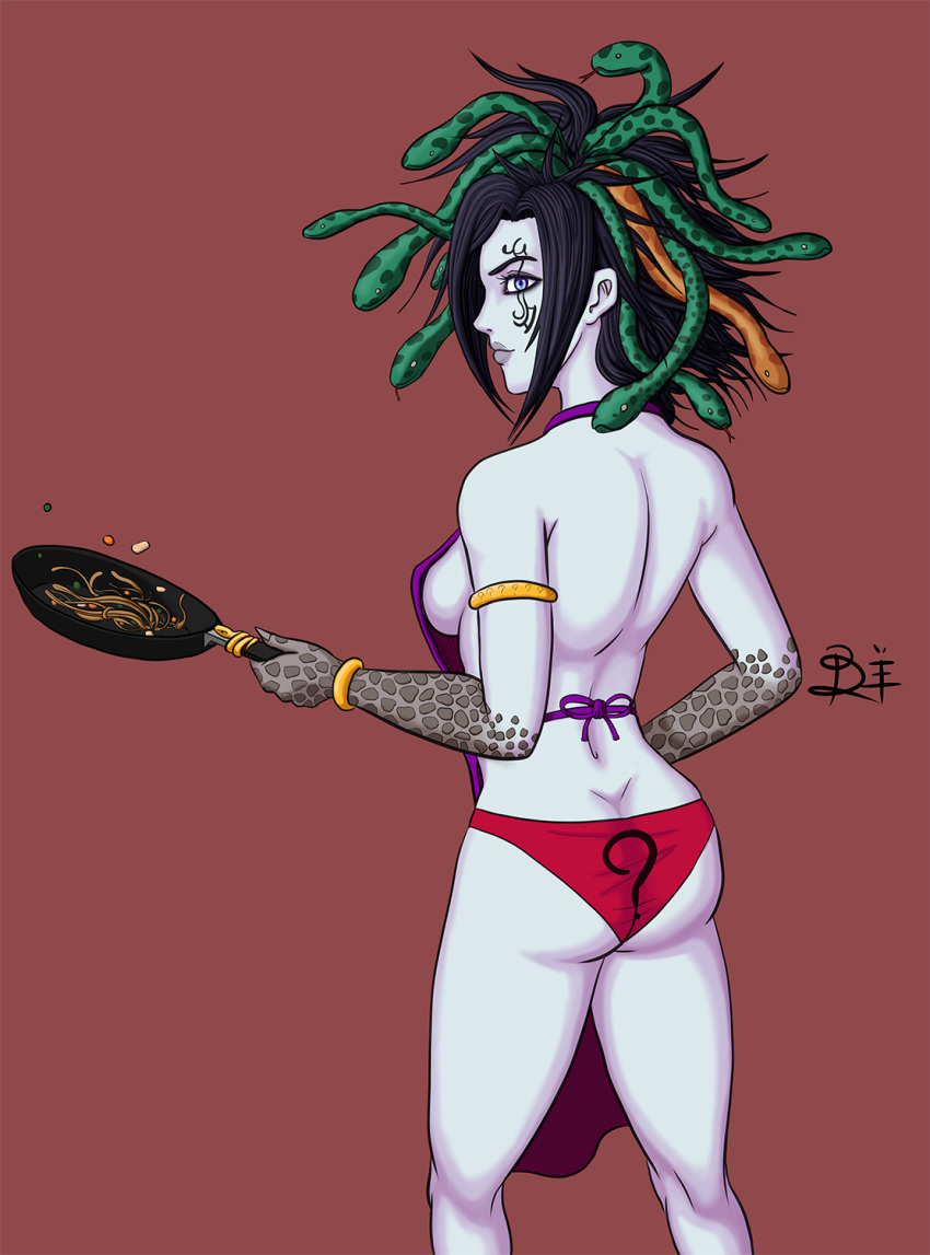 apron artist_signature facial_mark facial_tattoo female frying_pan kid_icarus kid_icarus_uprising medusa medusa_(kid_icarus) panties sideboob snake_hair topless