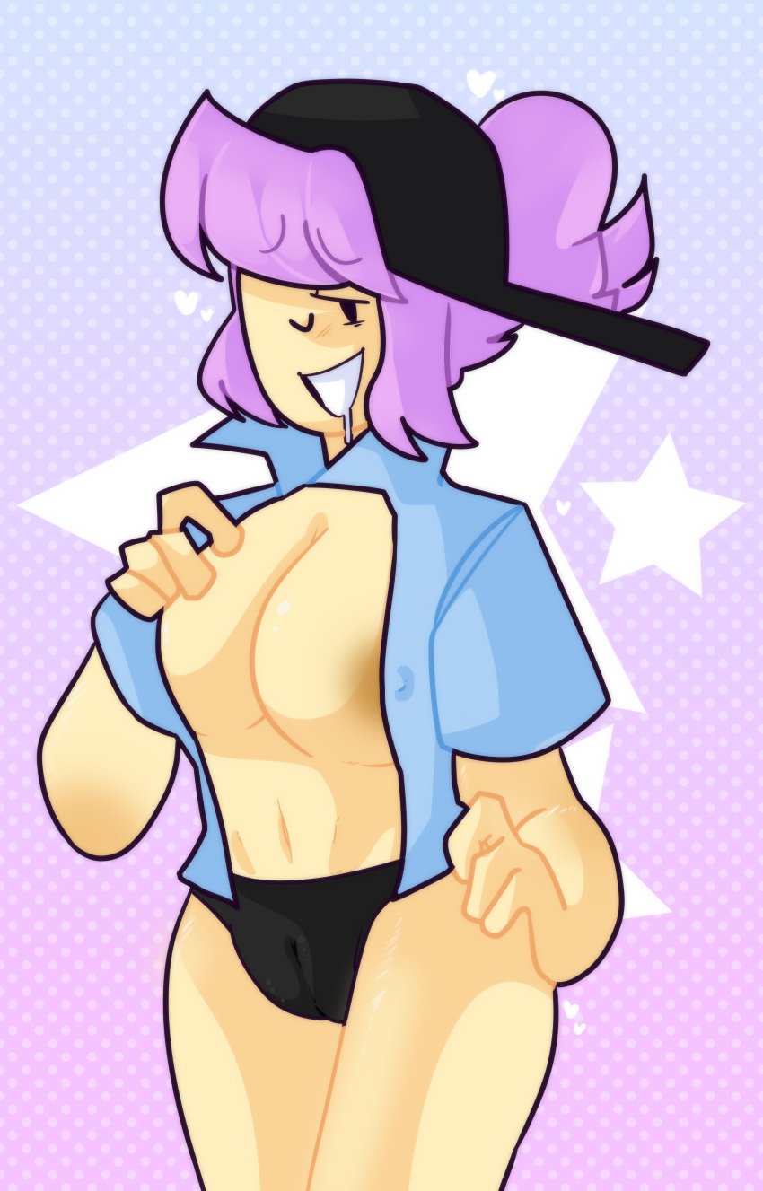 1girls areolae backwards_baseball_cap big_breasts black_cap black_panties blue_shirt blue_sleeves breasts cameltoe cap drool eyebrows_visible_through_hair female female_focus female_only hand_on_breast hearts humblecherry looking_at_viewer nipples nipples_visible_through_clothing one_eye_closed open_shirt pink_hair pussy_outline roblox roblox_avatar roblox_myth short_sleeves solo standing stomach thighs yellow_skin