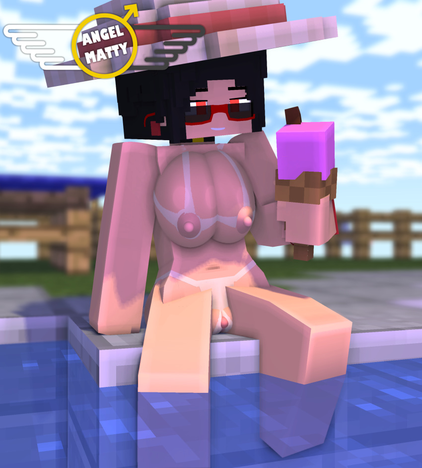 3d angel-matty angelmatty ashley_succubi beach big_breasts black_hair character commission ice_cream mine-imator minecraft nude red_eyes succubus tagme