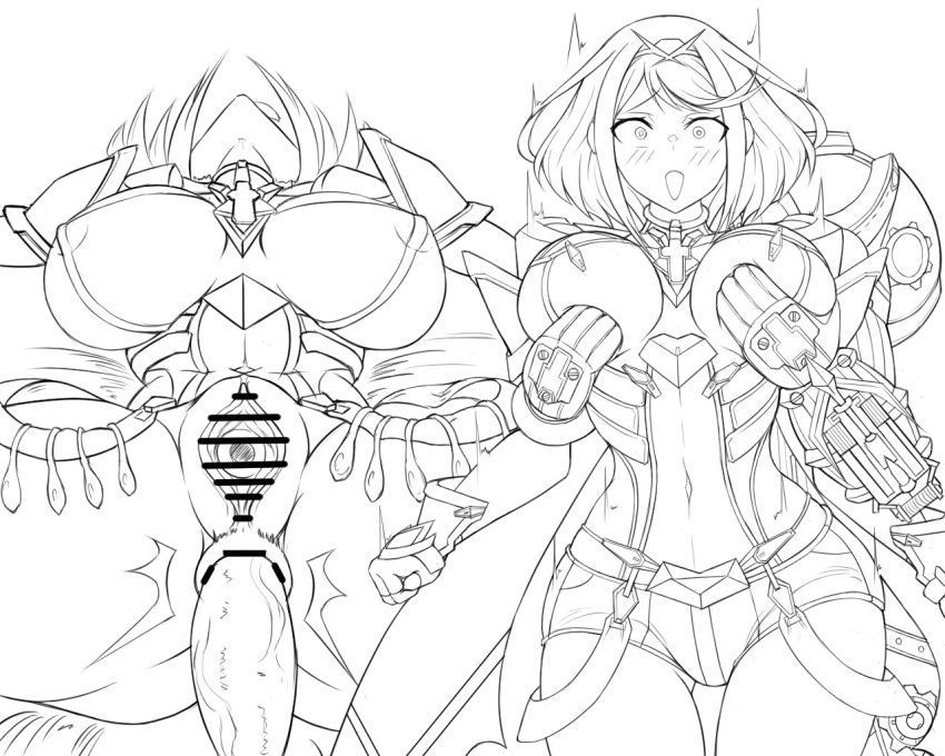 1boy anal anus armor bangs blush breast_grab breasts canon_couple female gatyo_5 gem gloves grabbing hair_ornament headpiece instant_loss_2koma jewelry large_breasts looking_at_viewer monochrome nintendo nipple_slip nipples penis pussy pyra rex_(xenoblade) sex short_hair short_shorts shorts simple_background solo swept_bangs tiara white_background xenoblade_(series) xenoblade_chronicles_2