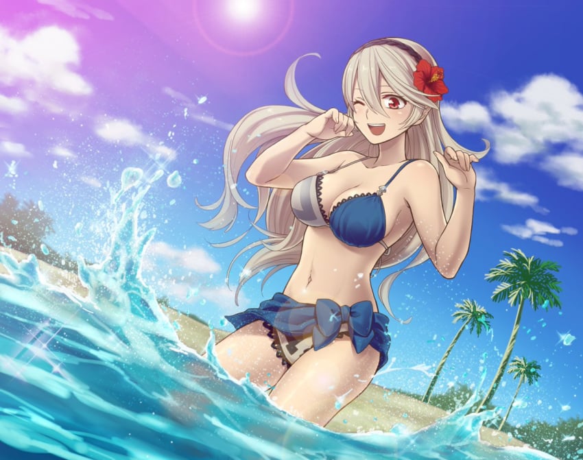 1girls alternate_costume bare_arms bare_midriff bare_shoulders bare_thighs beach belly bikini cleavage corrin_(fire_emblem) corrin_(fire_emblem)_(female) female female_focus female_only fire_emblem fire_emblem_fates fire_emblem_heroes flower flower_in_hair happy having_fun hiyori_(rindou66) human human_focus human_only light-skinned_female light_skin long_hair medium_breasts midriff navel nintendo ocean one_eye_closed palm_tree partially_submerged red_eyes sea smile smiling soft soft_breasts solo solo_female solo_focus splashing stomach sunny swimsuit thighs water white_hair wholesome