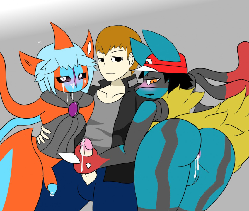 anthro anthrofied anus ass backsack balls big_butt black_fur black_hair black_sclera blue_fur blue_hair blush brown_hair canid canine canis clothed clothing cum cum_from_ass cum_on_face cum_on_hand cum_on_penis deoxys deoxys_(attack_form) ejaculation erection fur girly grey_background group group_sex hair handjob hat human humanoid_penis interspecies legendary_pokémon looking_at_viewer lucario male mammal mega_evolution mega_lucario mouthless multicolored_fur nintendo nude orgasm original_character partially_clothed penis pokémorph poképhilia pokemon pokemon_(species) rear_view red_eyes red_fur sex simple_background slit_pupils smile threesome tonytoran video_games white_eyes yaoi yellow_fur