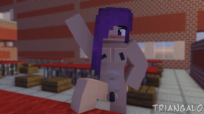 3d breasts cubic_breasts dance dancing female looking_at_viewer mine-imator minecraft nude nude_female outside purple_eyes purple_hair pussy smile striped striptease tagme triangalo violet_(triangalo)