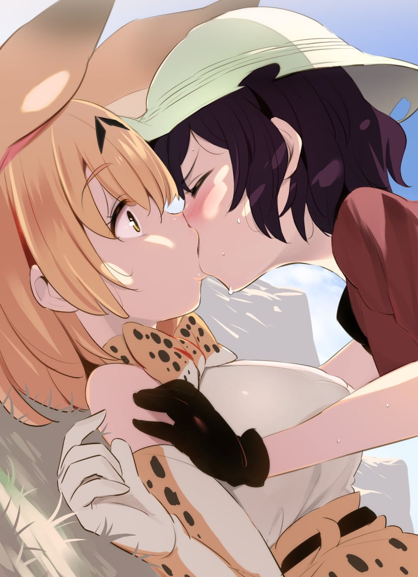 2girls animal_ears animal_print black_hair blonde_hair blush bow breasts bucket_hat closed_eyes cowgirl_position duo enty enty_reward eyebrows_visible_through_hair fanart fanart_from_enty female female_only gloves hat helmet kaban_(kemono_friends) kemono_friends kissing large_breasts multiple_girls nekomimi noripachi paid_reward patreon_reward pith_helmet ribbon safari_hat savannah_combi serkaba serval_(kemono_friends) serval_ears serval_print short_hair skirt smile surprise_kiss surprised sweat tail wide-eyed yellow_eyes yuri