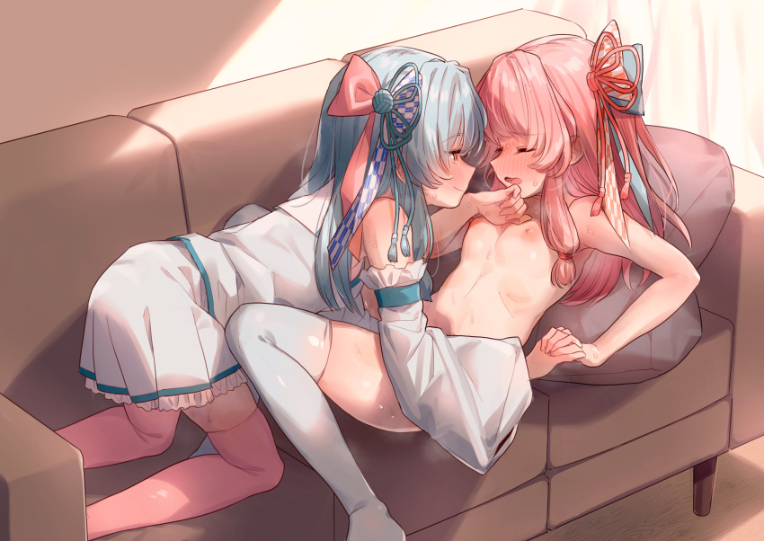 2girls absurdres blue_hair breasts couch detached_sleeves female hair_ornament highres holding_hands incest interlocked_fingers kotonoha_akane kotonoha_aoi long_hair looking_at_another masanaga_(tsukasa) multiple_girls nipples nude on_couch pink_eyes pink_hair pink_legwear shirt siblings sisters skirt small_breasts synthesizer_v thighhighs voiceroid white_legwear white_shirt white_skirt yuri