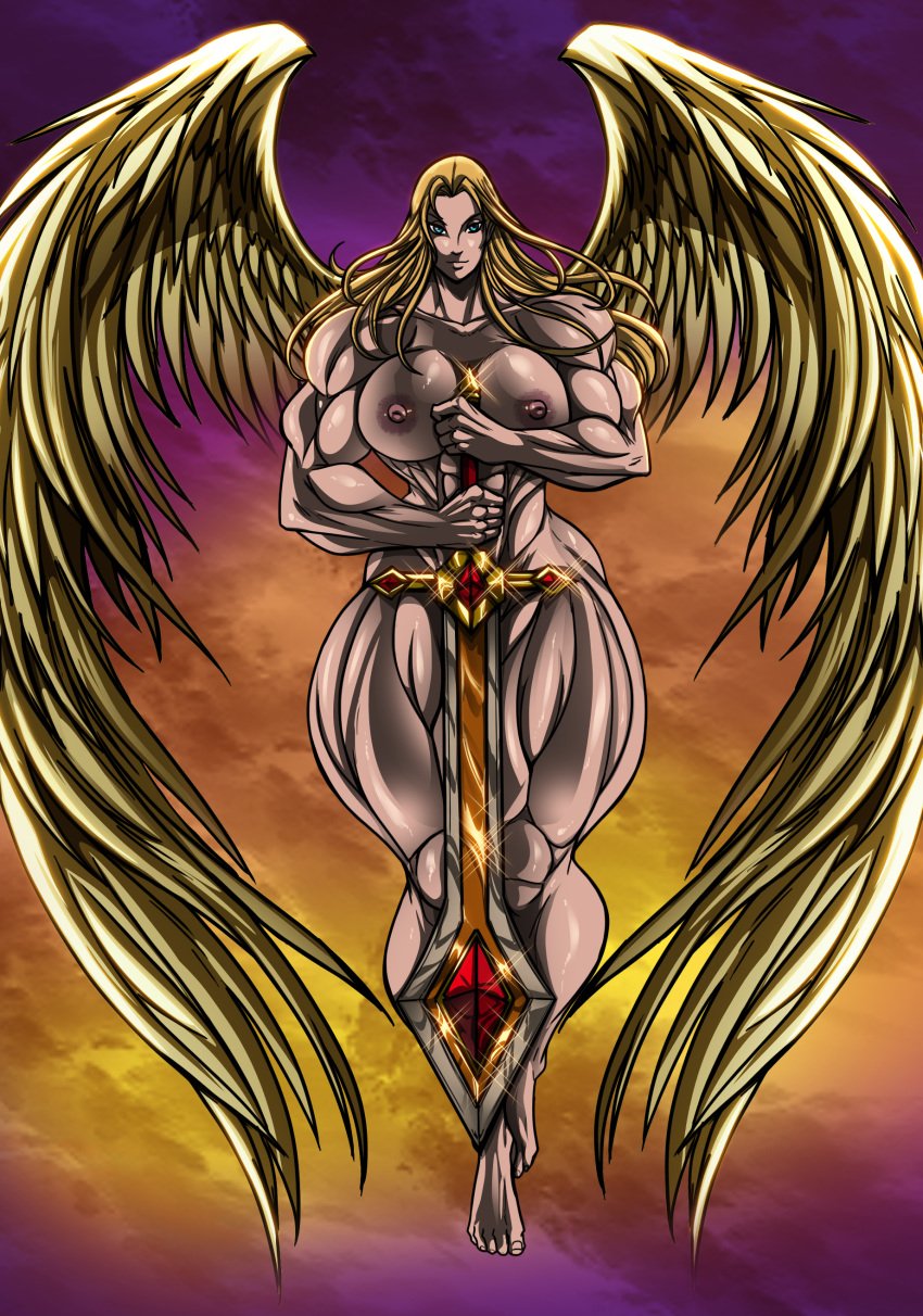 abs angel barefoot blonde_hair breasts extreme_muscles female full_body huge_breasts kayle league_of_legends muscles muscular_female nipples nude osmar-shotgun solo sword thick_thighs weapon wings