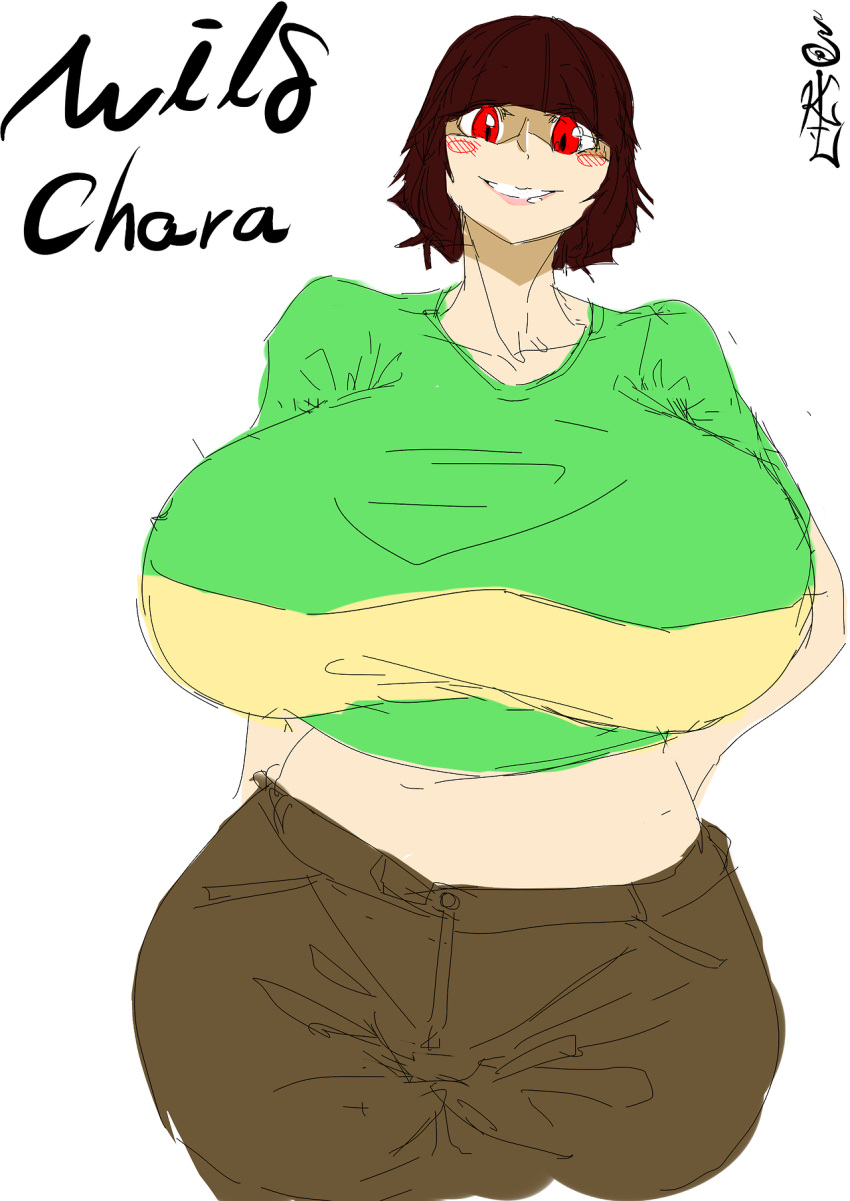 1girls 2d aged_up brown_hair chara crop_top female female_only huge_breasts human human_female human_only hyper hyper_thighs milf naughty_face opqhlak red_eyes rosy_cheeks seductive seductive_smile smile solo tagme thick_thighs undertale undertale_(series) voluptuous