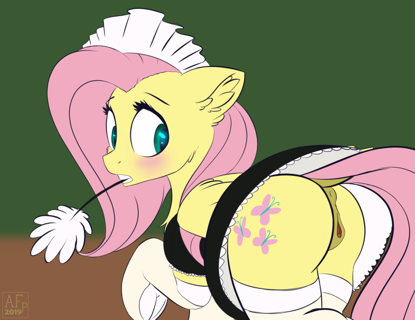 2019 absurd_res airfly-pony ass blush clothing cutie_mark equine feathered_wings feathers female feral fluttershy_(mlp) friendship_is_magic hair hi_res legwear looking_at_viewer looking_back maid_uniform mammal my_little_pony pegasus pussy socks solo uniform wings