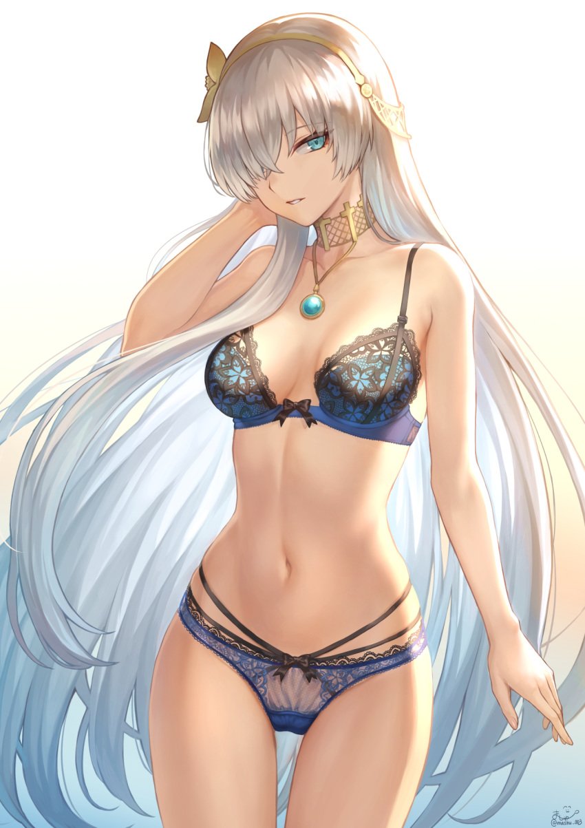 1girls anastasia_(fate) blue_bra blue_eyes blue_panties bra breasts cleavage fate/grand_order fate_(series) female female_only hair_over_one_eye lingerie long_hair looking_at_viewer mashu_003 multi-strapped_panties necklace panties picot_trim picot_trim_bra picot_trim_panties small_breasts solo thigh_gap thighs underwear white_hair