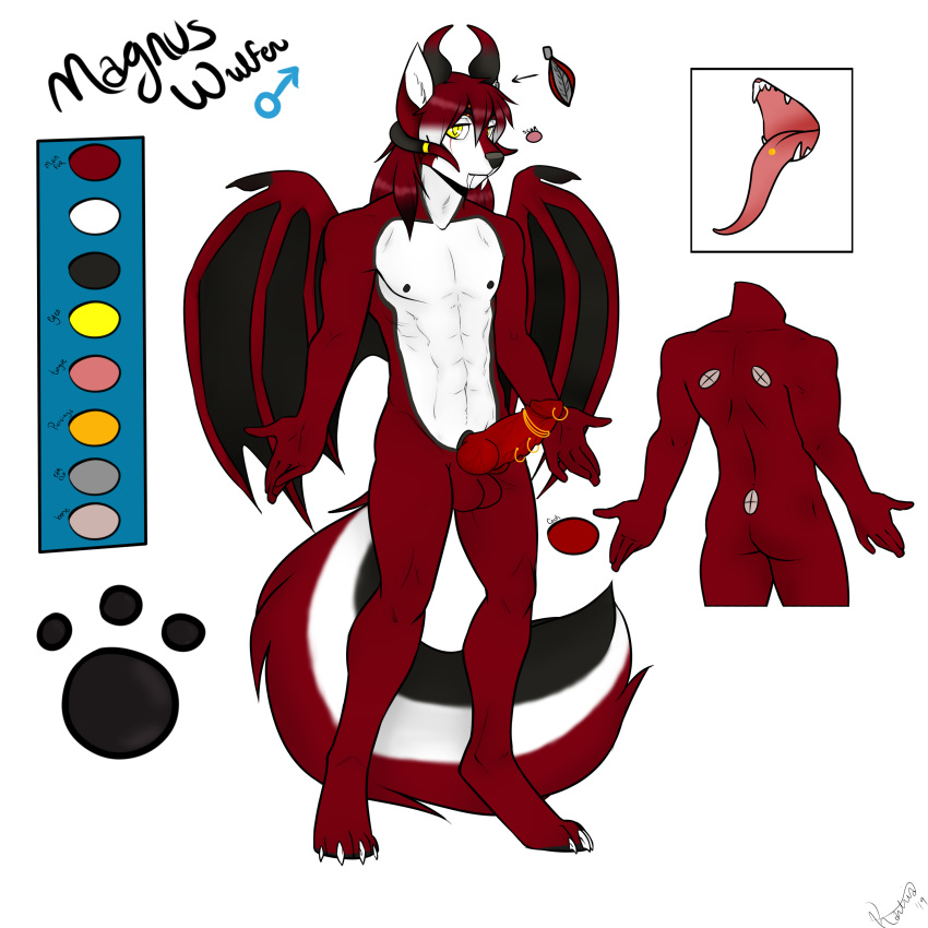 1boy absurd_res anthro balls canid canine canis darkkartria erection fur hi_res hybrid magnus_wulfen magwolf male male_only mammal nude penis penis_piercing solo wings wolf