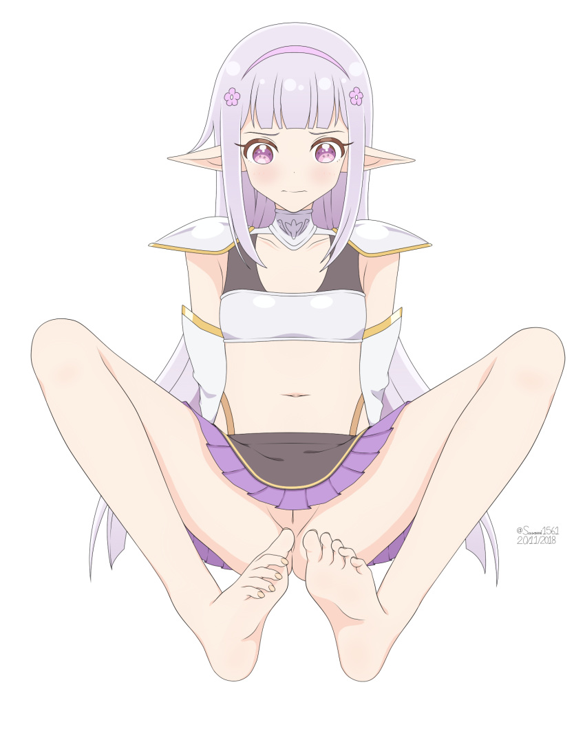 blush breasts elnowar_seylan endro! feet female flower hair_flower hair_ornament hairband midriff navel no_panties purple_eyes purple_hair pussy sasami1561 simple_background skirt small_breasts solo white_background