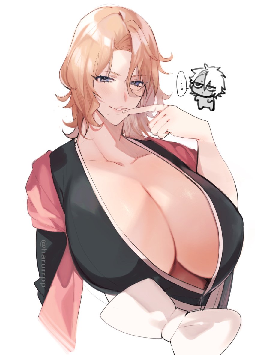 1boy 1girls black_kimono bleach bleach:_the_thousand-year_blood_war blonde_hair blue_eyes breasts cleavage female haori highres huge_breasts japanese_clothes kimono matsumoto_rangiku mayana_(bbpp) medium_hair mole mole_under_mouth parted_lips pink_shawl sagging_breasts shawl shinigami taichou_haori toshiro_hitsugaya upper_body voluptuous white_background