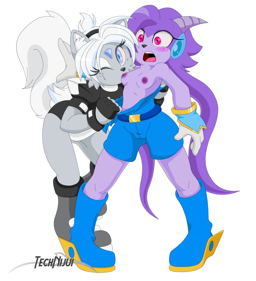 anthro arctic_fox assisted_exposure blue_eyes blush breasts cameltoe canine clothed clothing dragon feline female fox freedom_planet hair interspecies mammal nipples open_mouth oral pink_eyes sash_lilac silphy snow_fox technijui