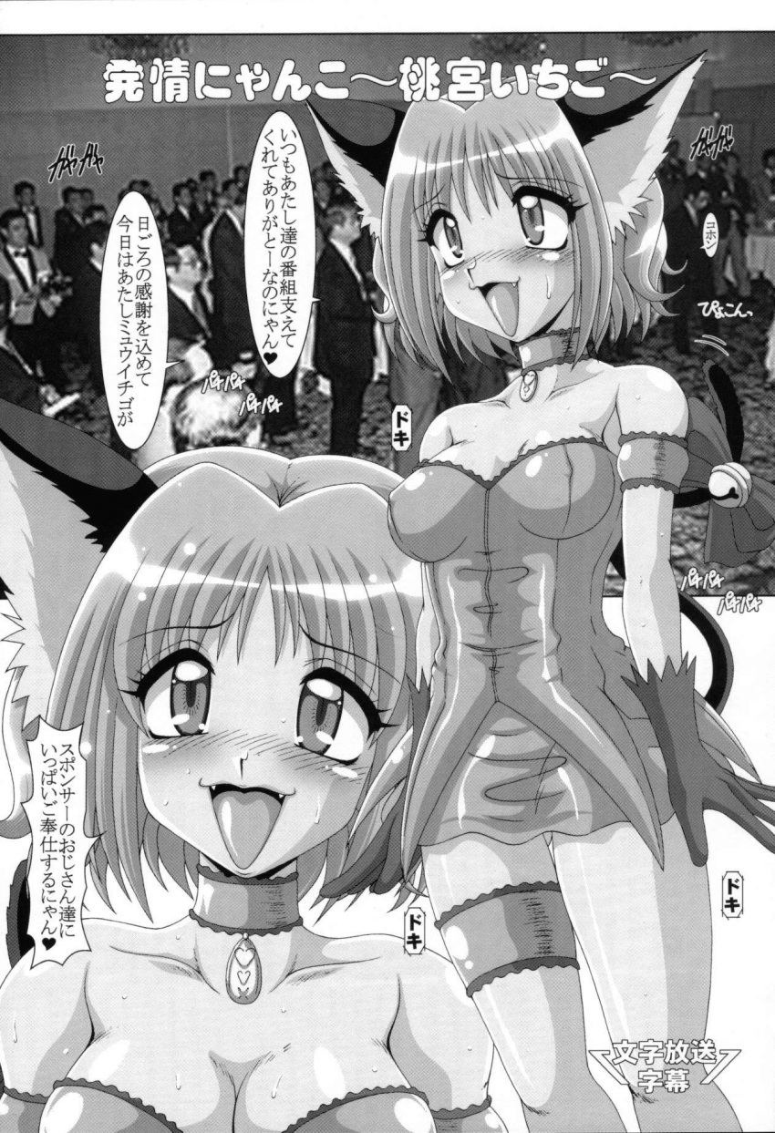 animal_ears black_and_white blush blush_lines blushing bob_cut cat_ears cat_tail catgirl clothed clothed_female clothing collar comic comic_page comic_panel dress female female_focus female_only gloves hakueki_shobou ichigo_momomiya japanese_text kemonomimi manga manga_page manga_style mew_ichigo monochrome nekomimi outdoor_sex outdoors outside short_dress solo solo_female solo_focus standing tagme text text_bubble tokyo_mew_mew translation_request