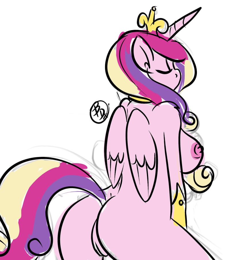 alicorn anthro back_turned breasts clitoris closed_eyes crown dynamicphoto equine feathers female friendship_is_magic fur hair hooves horn horse long_hair mammal multicolored_hair my_little_pony nipples pink_fur plain_background pony presenting princess_cadance_(mlp) pussy raised_tail solo standing wings