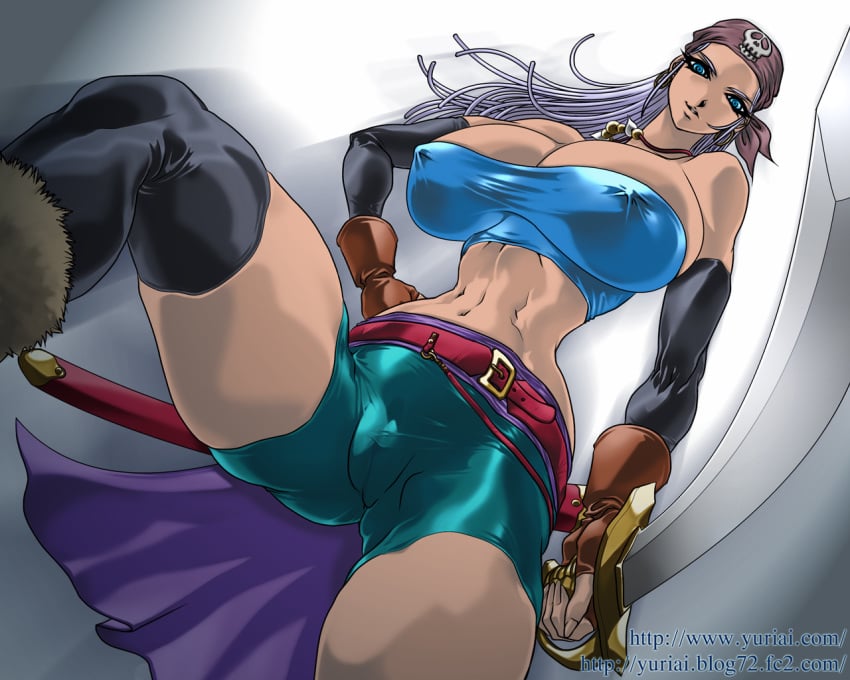 5:4 bandana belt bike_shorts blue_dragon breasts bursting_breasts cameltoe dark_skin erect_nipples fingerless_gloves gloves huge_breasts long_gloves long_hair muscle perspective purple_hair sword thighhighs weapon yuri-ai zola