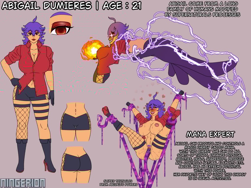 1girls abigail_dumieres_(ningerion) adult_female ahe_gao anal anal_sex big_breasts blush breasts cleavage clothing electricity empty_eyes female female_only fire fishnet_legwear gloves glowing_eyes heels human human_female human_only large_breasts masturbation ningerion original_character outercourse powers purple_hair pussy red_eyes red_lipstick sex slime slime_tentacle smile solo solo_female standing sweat tan-skinned tan_skin tentacle thigh_strap vaginal_penetration younger_female