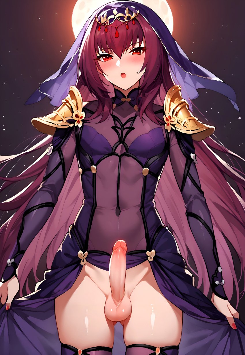 ai_generated blush erect_penis exposed_legs exposed_penis femboy genderswap_(ftm) male penis scathach_(fate) sissydavid trap